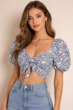 Intermix Janella Two Tie Puff Sleeve Floral Crop Top